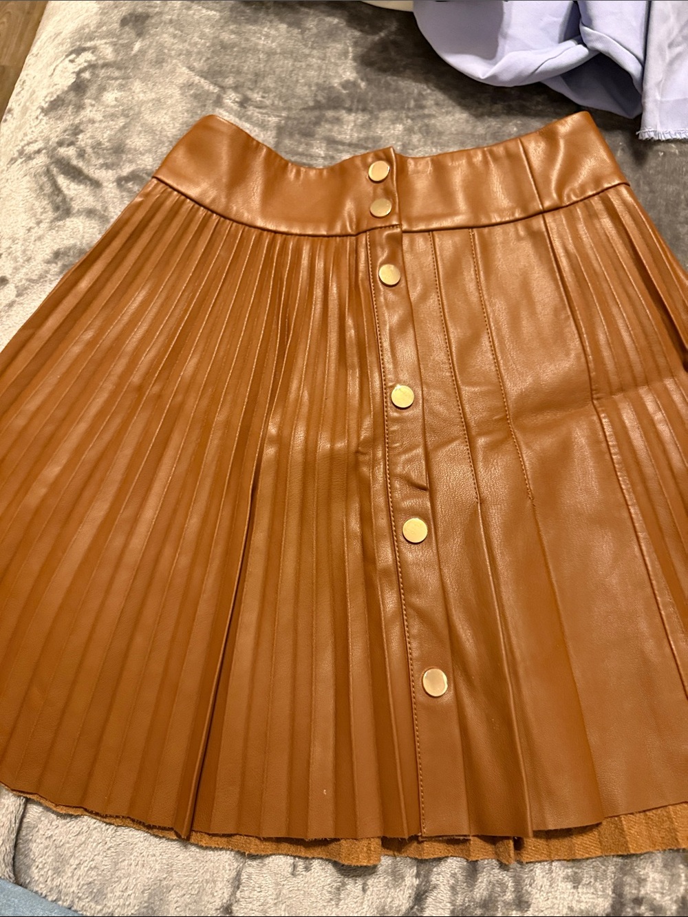 Zara Pleated Faux Leather A-Line Skirt in Cognac Brown with Gold Buttons